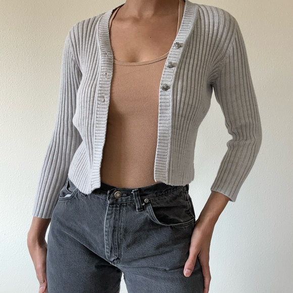 Women's Ribbed Gray Cardigan Sweater - Picture 3 of 6